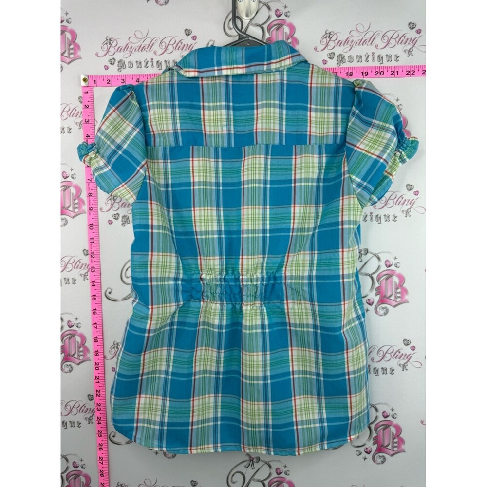 Majora T-shirt y2k Blue Plaid Button-Down Shirt stripes orange blue green white - Picture 2 of 9